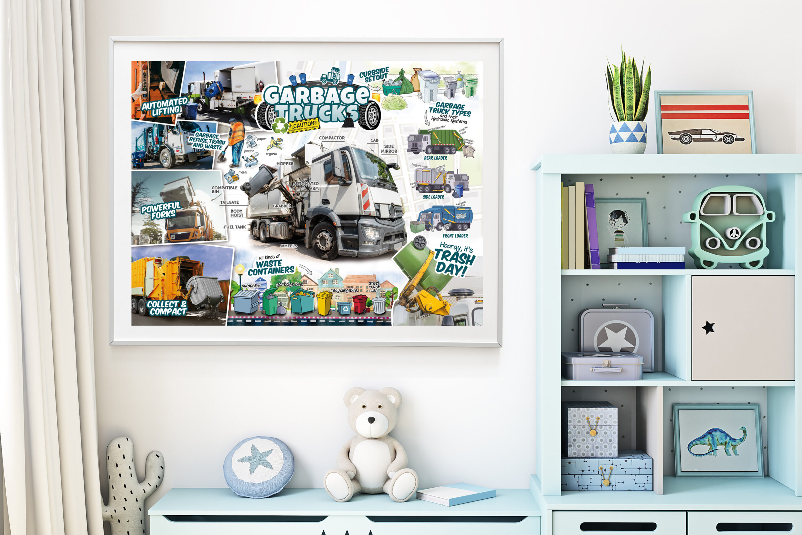 Boy's bedroom garbage truck poster and wall art with trucks for kids