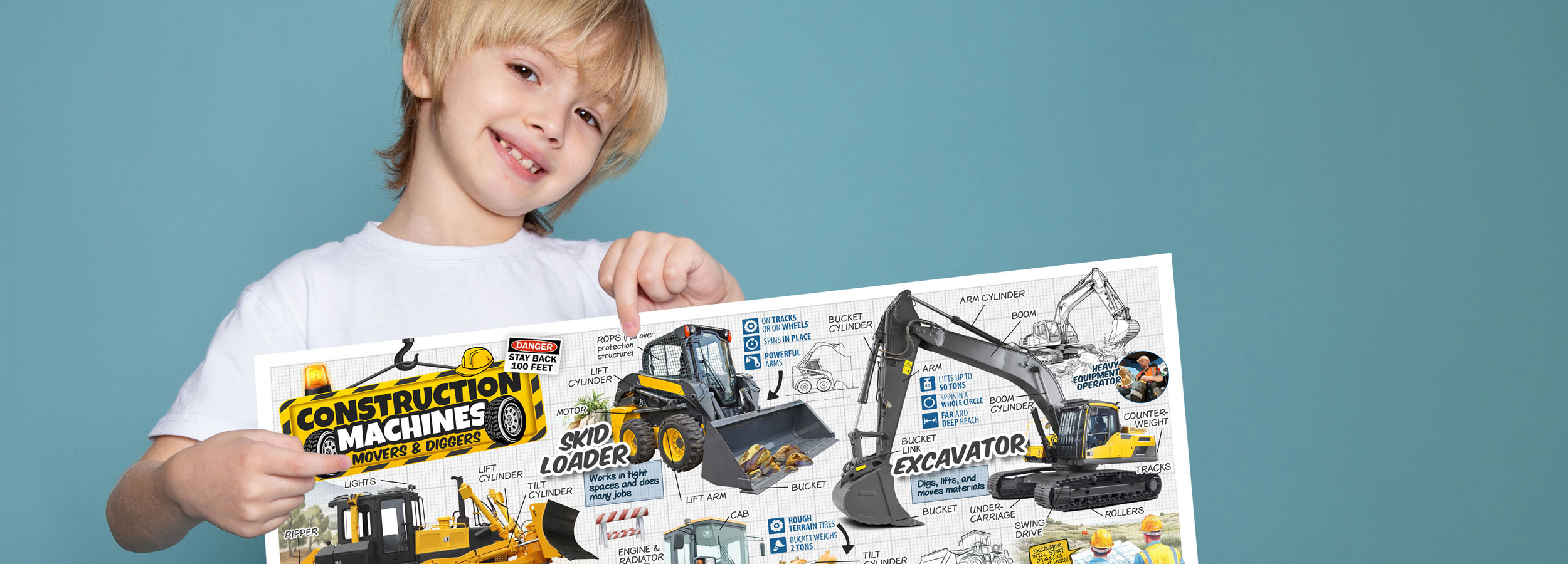 Young boy holding educational truck posters for kids featuring construction machines