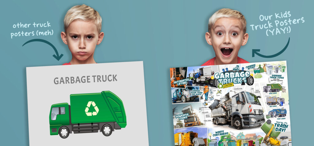 Comparison of an unhappy young boy holding a simple garbage truck poster and an excited young boy holding an educational truck poster for kids