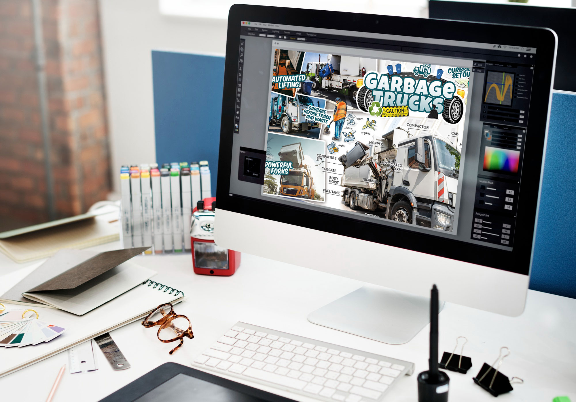 Computer screen with educational truck posters for kids showing a garbage truck opened in a graphic program